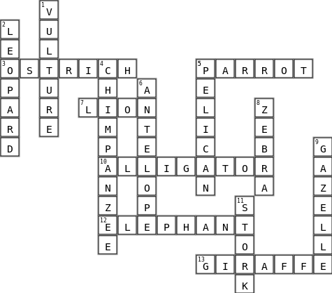 Animals of Second Life Crossword Key Image