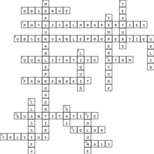 Properties of Matter Crossword Key Image