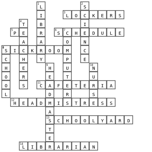 Places and people at school Crossword Key Image